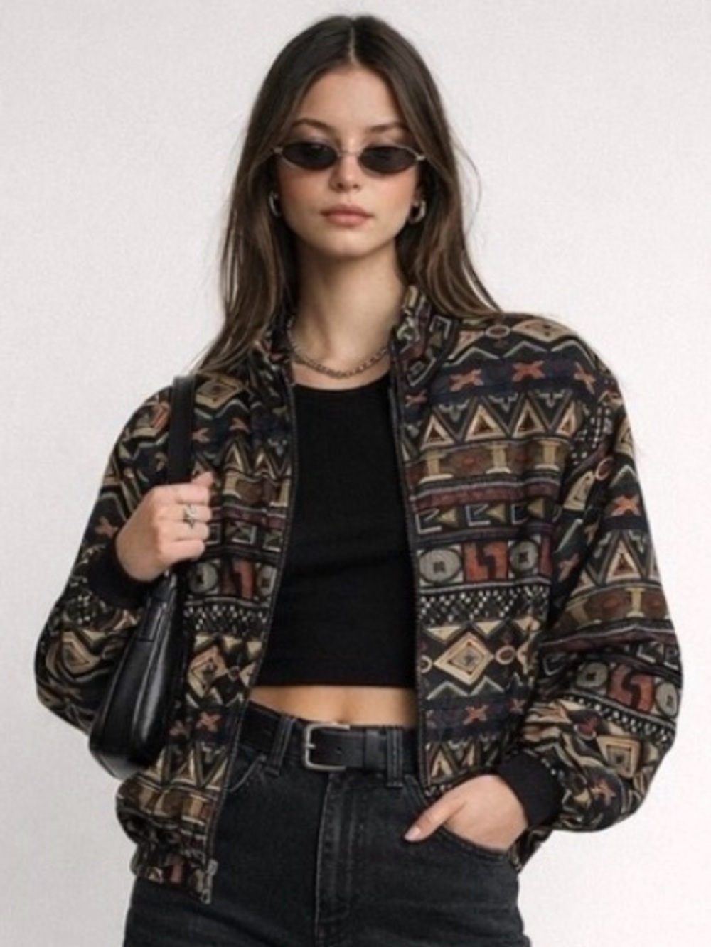Vintage 90s black and brown pattern zip up bomber style jacket 100%silk. Small